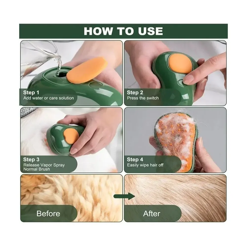 3-In-1 Steam Brush for Cat and Dog Deshedding Portable Pet Hair Removal Tool New